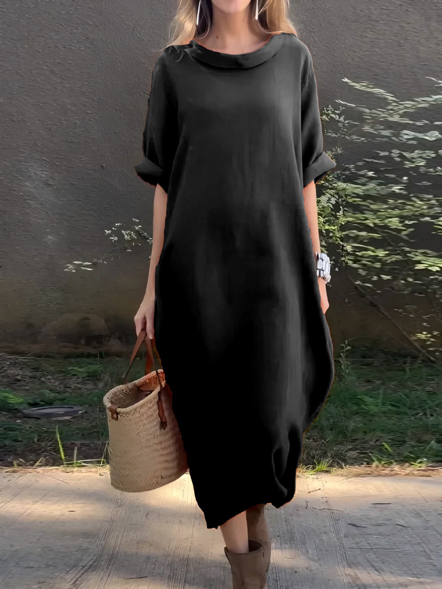 Dress woman – Oversized fit – Cotton blend – Mid-length sleeves – Asymmetric hem