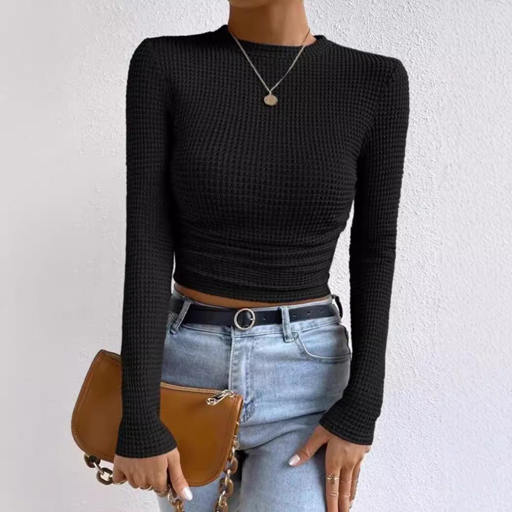 Women's Long Sleeve T-Shirt – Slim Fit – Soft Textured Knit – Ruched Waist – Short Model