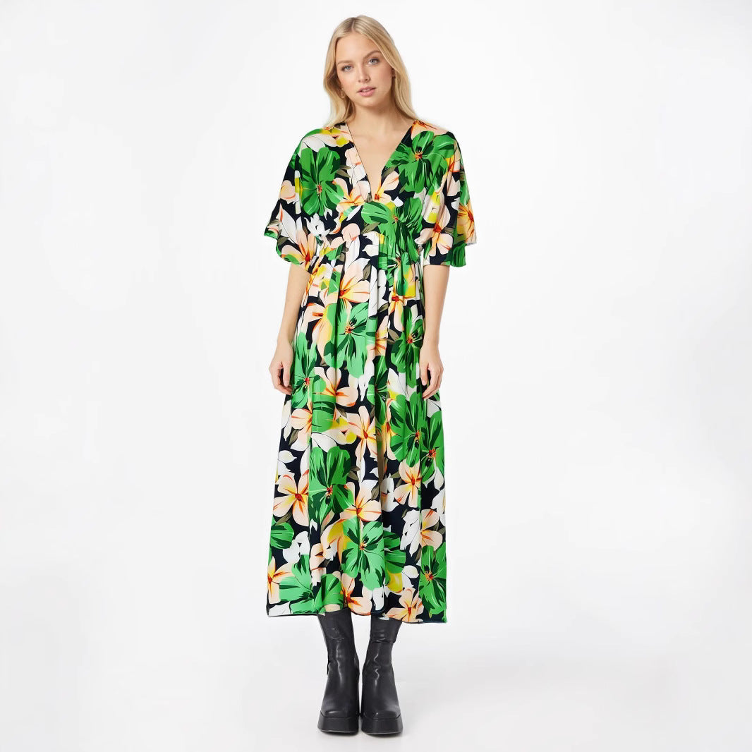 Dress for Women – V-neck – High Waist – Loose Fit – Print – Split in Skirt