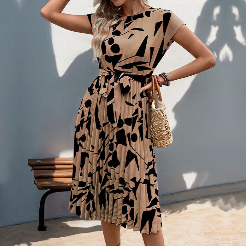 Dress woman midi – pleated A-line – geometric pattern – belt – short sleeve