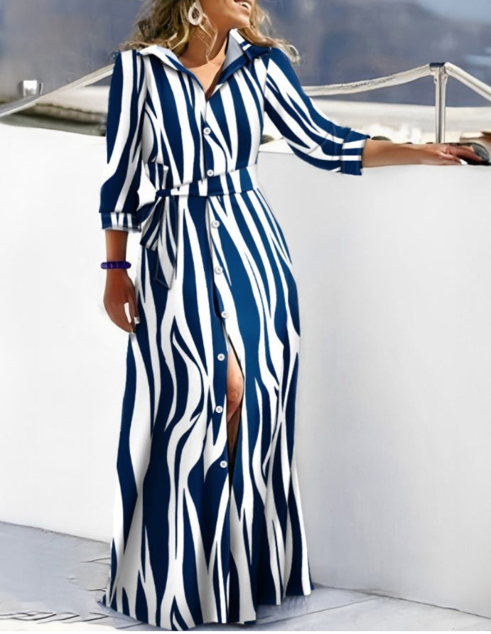 Women's Shirt Dress – Straight Fit – Belt at the Waist – Long Sleeves – Abstract Pattern