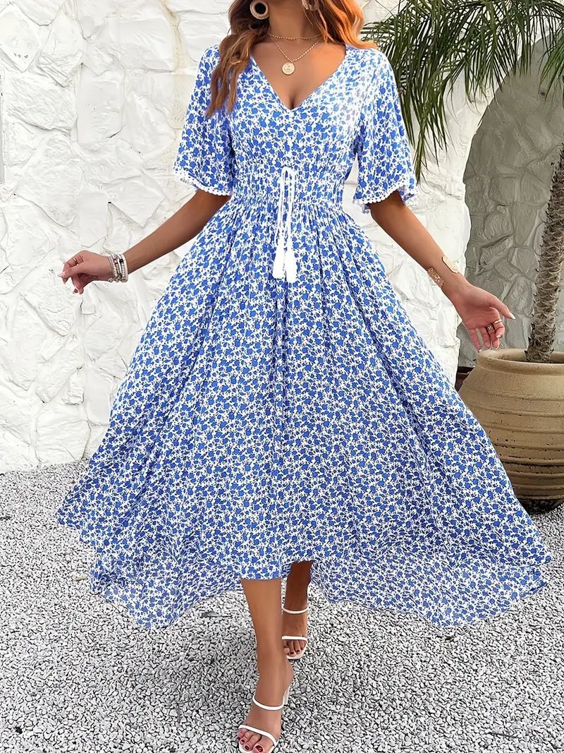 Kjole dame midi – Justerbar midje – V-hals – Blomsterprint – Kort erme – Splitt