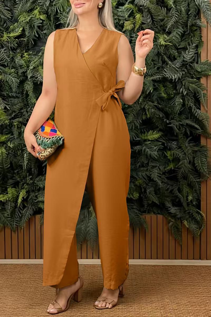 Women's Jumpsuit – V-neck Wrap – Tie Belt – Sleeveless – Wide Leg – Comfortable Fit