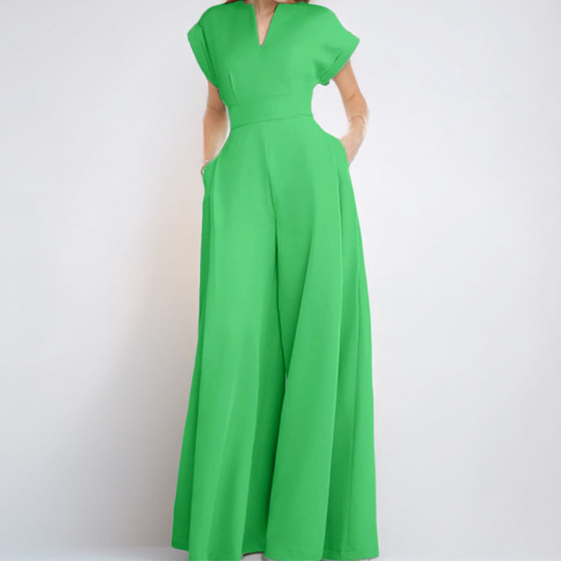Women's Jumpsuit – Wide Fit – V-Neck – Short Sleeves – Wide Legs – Elegant Style