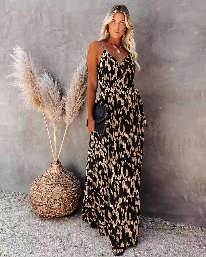 Dress for Women – Slim Fit – A-line – Spaghetti Straps – V-neck – Patterned