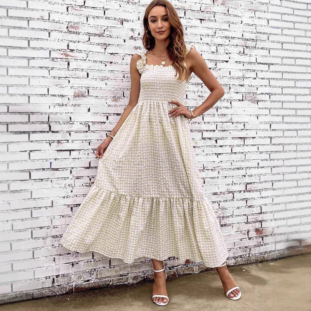 Women's Maxi Dress – Smocked Bodice – Spaghetti Straps – Ruffled Skirt – Checkered Pattern