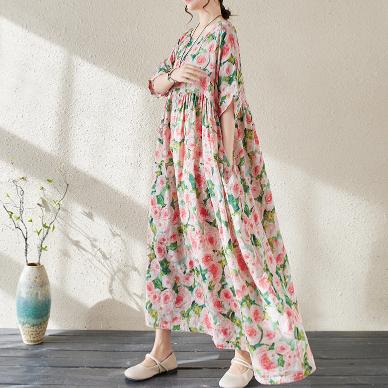 Kjole dame – Lang maxikjole – Blomsterprint – Løs passform – 3/4 ermer – Pustende stoff