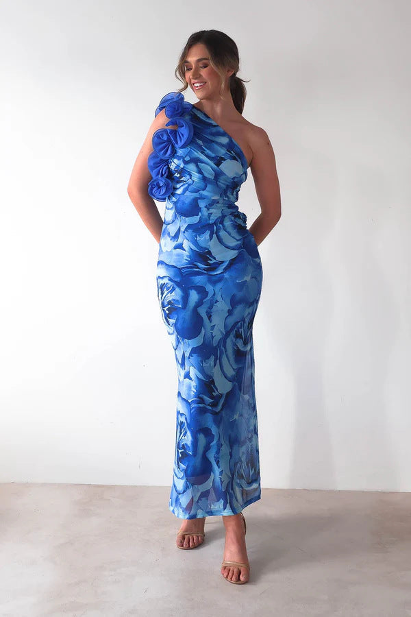 Dress for Women – Slim Fit – One Shoulder – 3D Flower – Satin-like Fabric