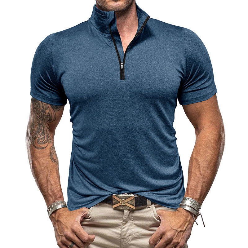 Men's Shirt – Slim Fit – Short Sleeve – Breathable – Stand Collar with Zipper