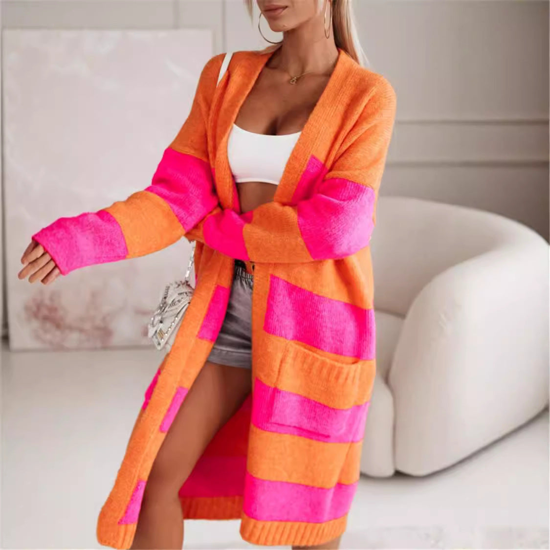 Women's Cardigan – Oversized Fit – Knitted Wool Blend – Open Front – Striped Pattern