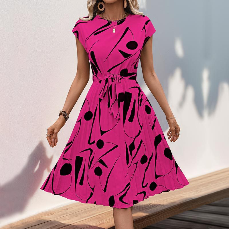 Dress woman midi – pleated A-line – geometric pattern – belt – short sleeve