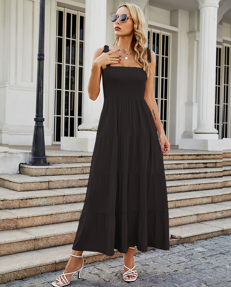 Dress for Women – Smocked Bodice – Tie Straps – A-line with Ruffles – Backless Design