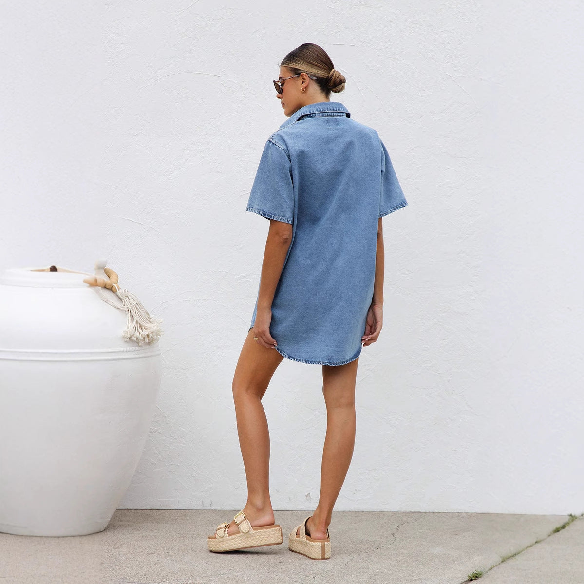Women's Shirt Dress – Denim – Oversized Fit – Short-Sleeved with Buttons and Chest Pockets