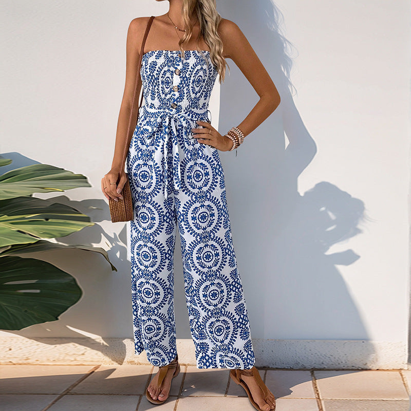 Dame Jumpsuit – Stroppeløs – Vid Ben – Elastisk Liv – Lett og Pustende Stoff