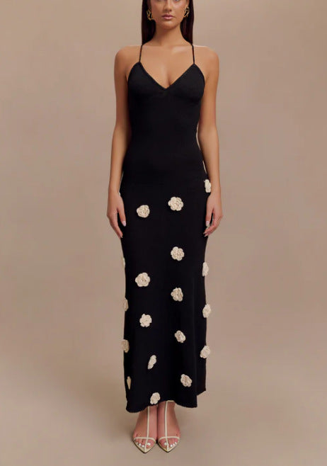 Dress for Women – Slim Fit – Knitted Fabric – 3D Flowers – Open Back with Ties