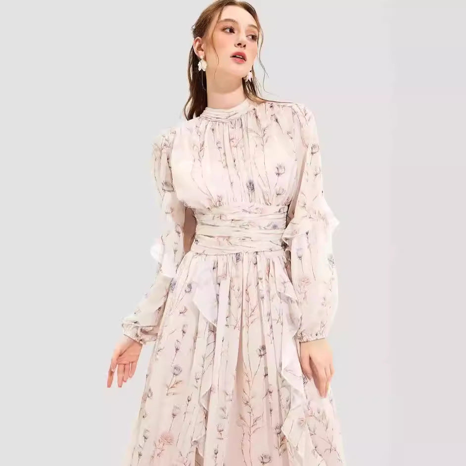 Damekjoole – Chiffon – Hel lengde – Lange ermer – Rysjer – Trykket mønster