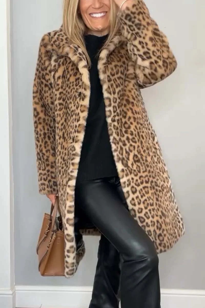 Women's Coat – Faux Fur – Oversized Fit – Animal Print – Open Front – Notch Collar