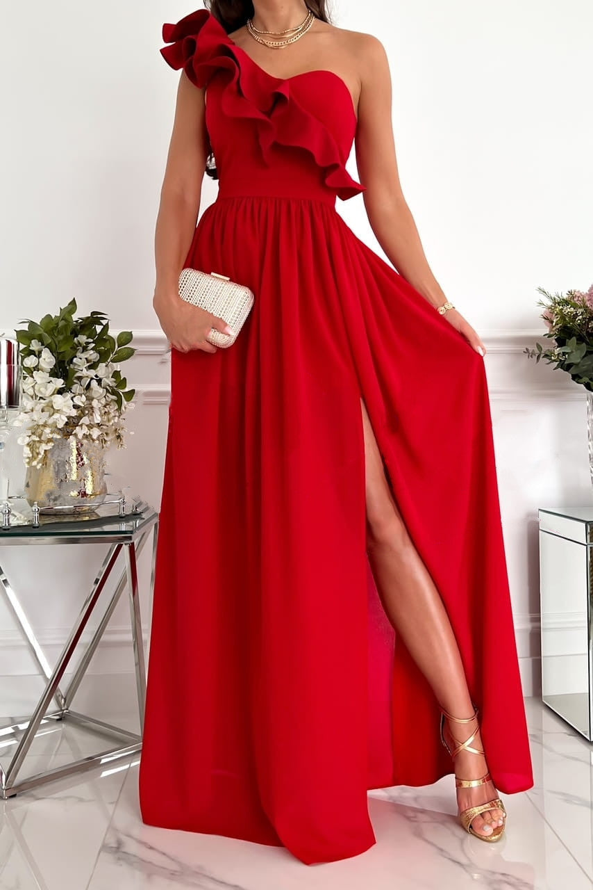 Dress for Women – One-Shoulder Dress with Ruffle – Lightweight – Long with Slit