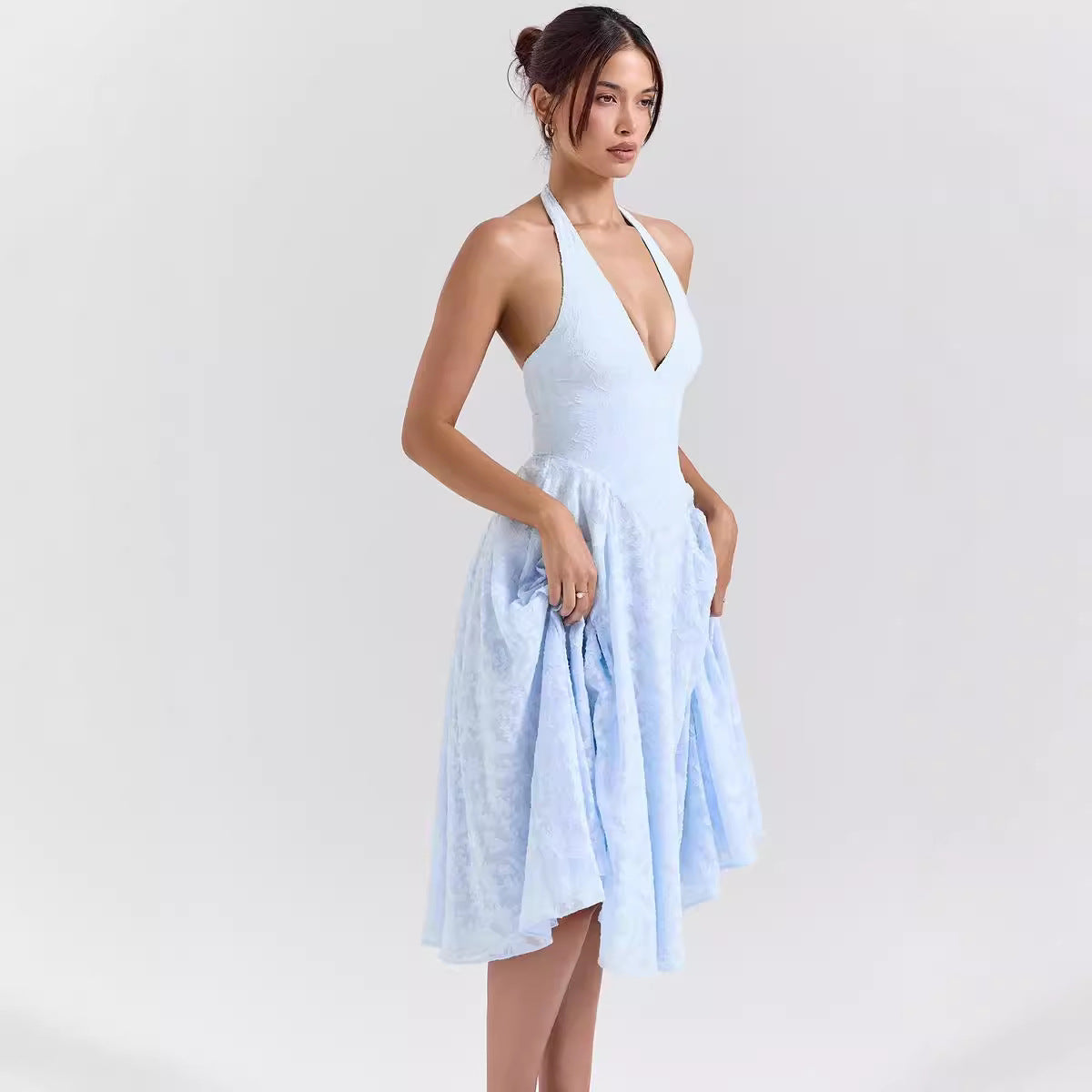 Dress for Women – Slim Fit – A-line Cut – Deep V-neck – Satin-like Fabric – Midi