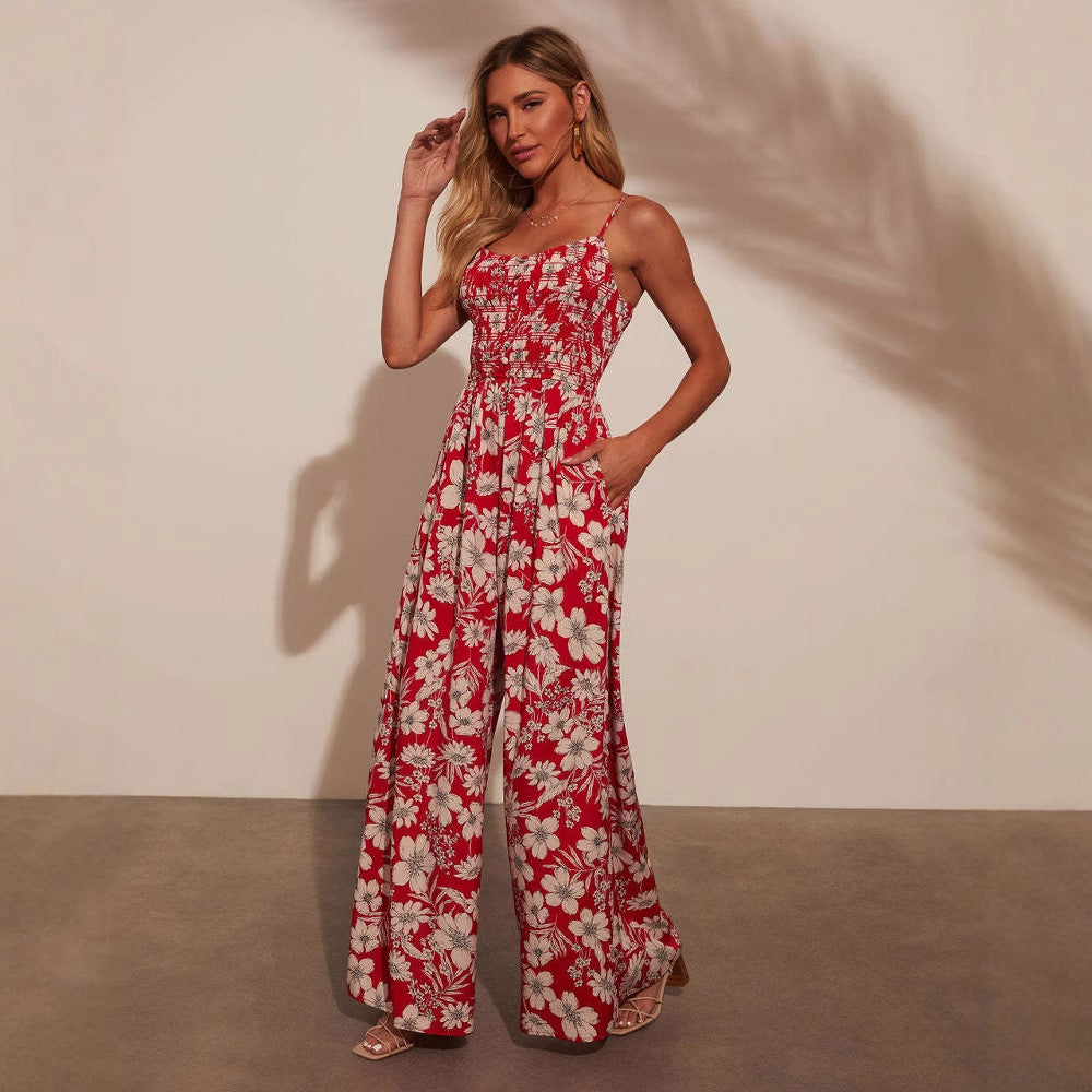 Dame Jumpsuit – Blomsterprint – Vid Ben – Smock Liv – Spagettistropper – Komfort Fit