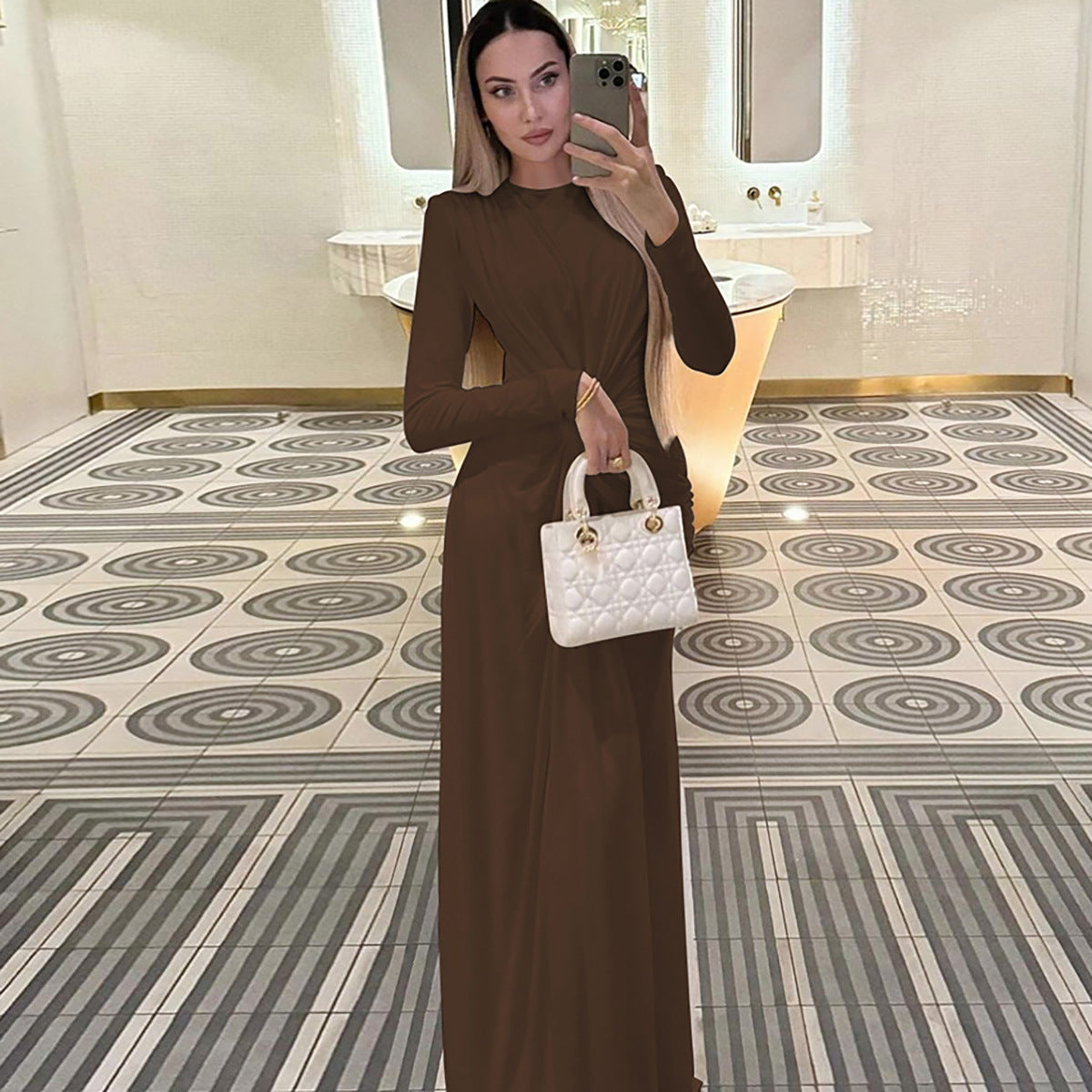 Dress for Women – Satin – Slim Fit – Long Sleeve – Round Neck – Floor-Length Party Dress