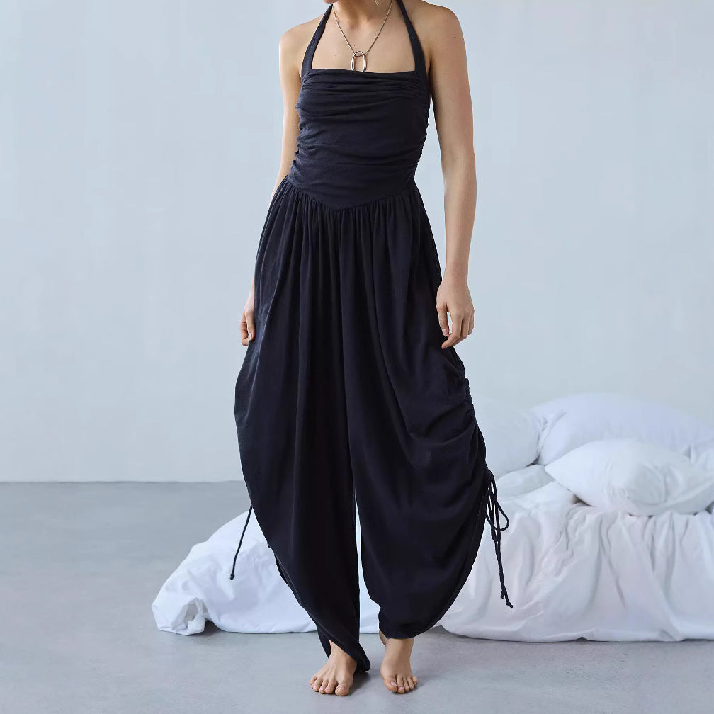 Dame jumpsuit – Halterneck – Rynket overdel – Vide ben – Justerbare benbånd
