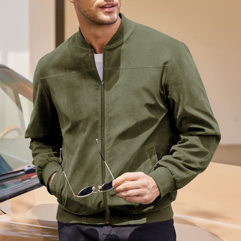 Men's Bomber Jacket – Suede Texture – High Collar – Elastic Hem and Cuffs