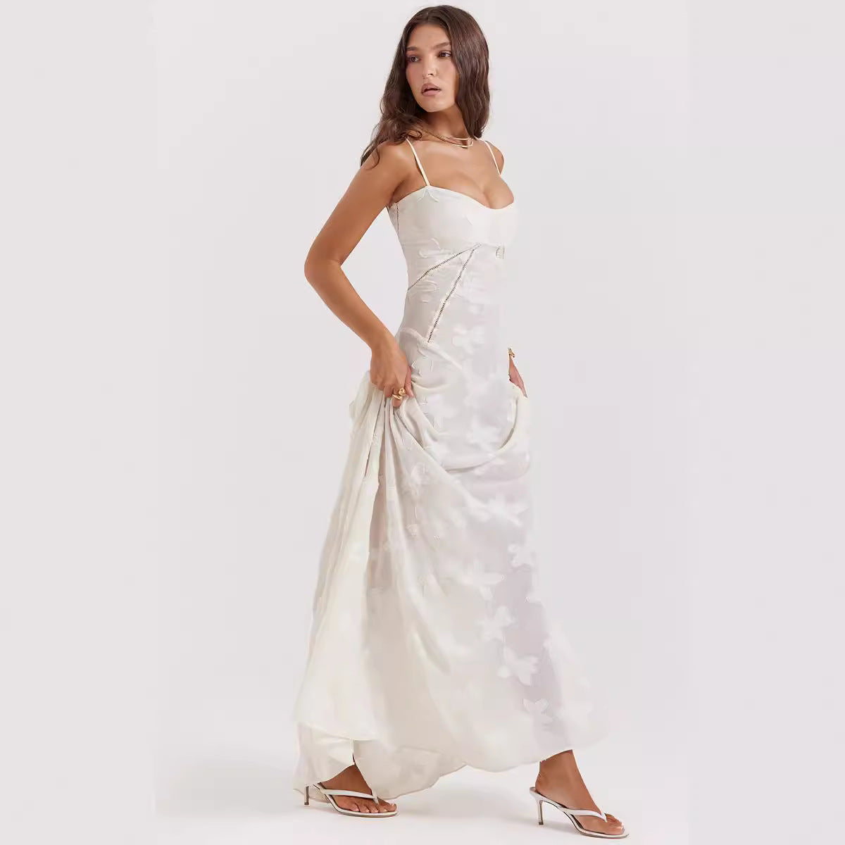 Dress for Women – Chiffon – Slim Fit – Spaghetti Straps – Embroidered Evening Dress