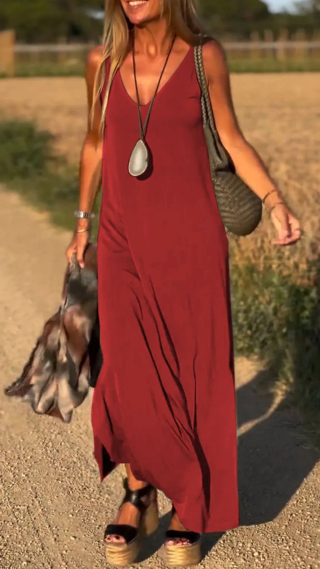 Women's Maxi Dress – V-Neck – Relaxed Fit – Light Breathable Strappy Design