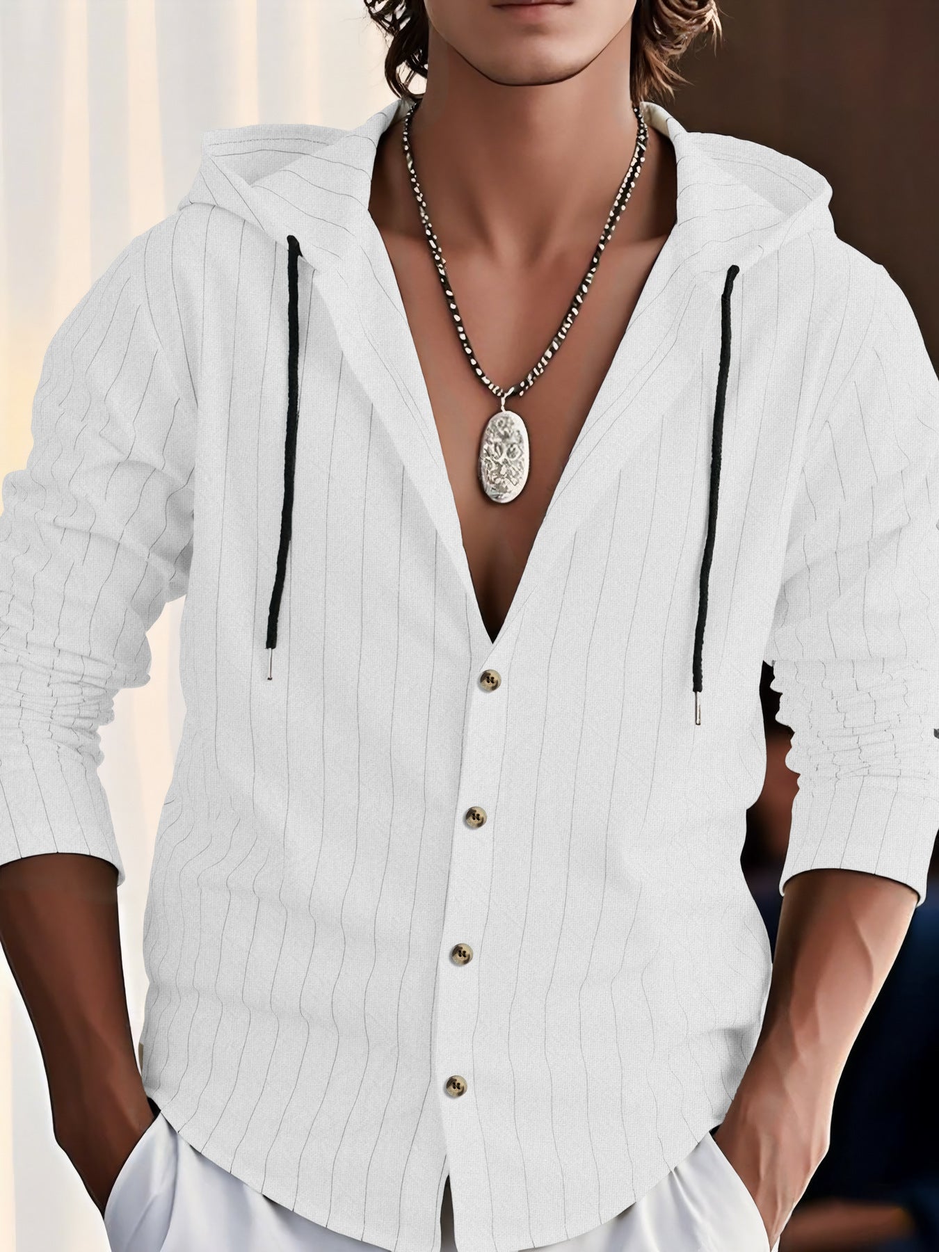 Men's Hoodie – Cotton Blend – Relaxed Fit – Button Closure – Textured Fabric