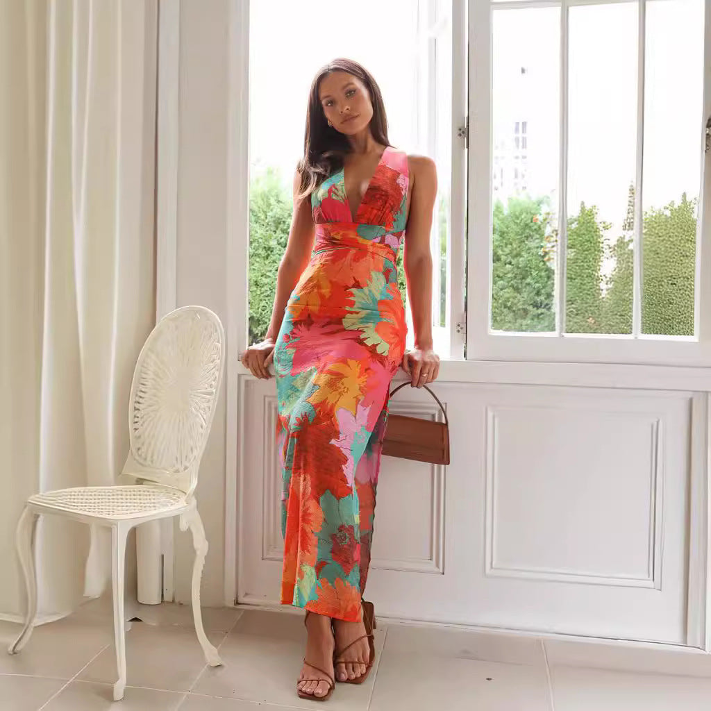 Dress woman midi – V-neckline – Floral pattern – Loose fit – Sleeveless – Light fabric