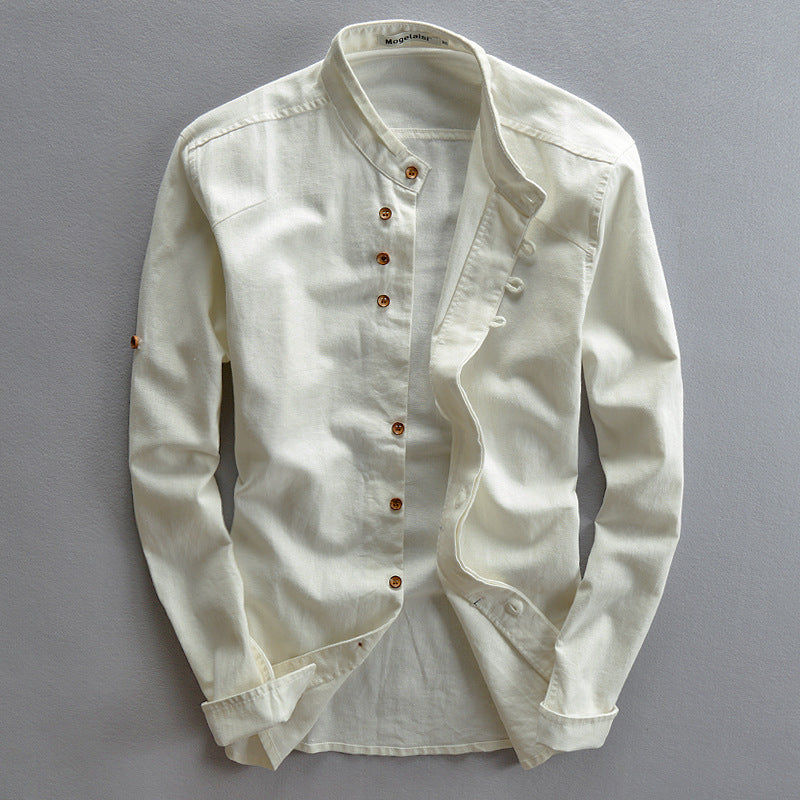 Men's Shirt – Linen – Relaxed Fit – Stand Collar – Long Sleeved with Buttons