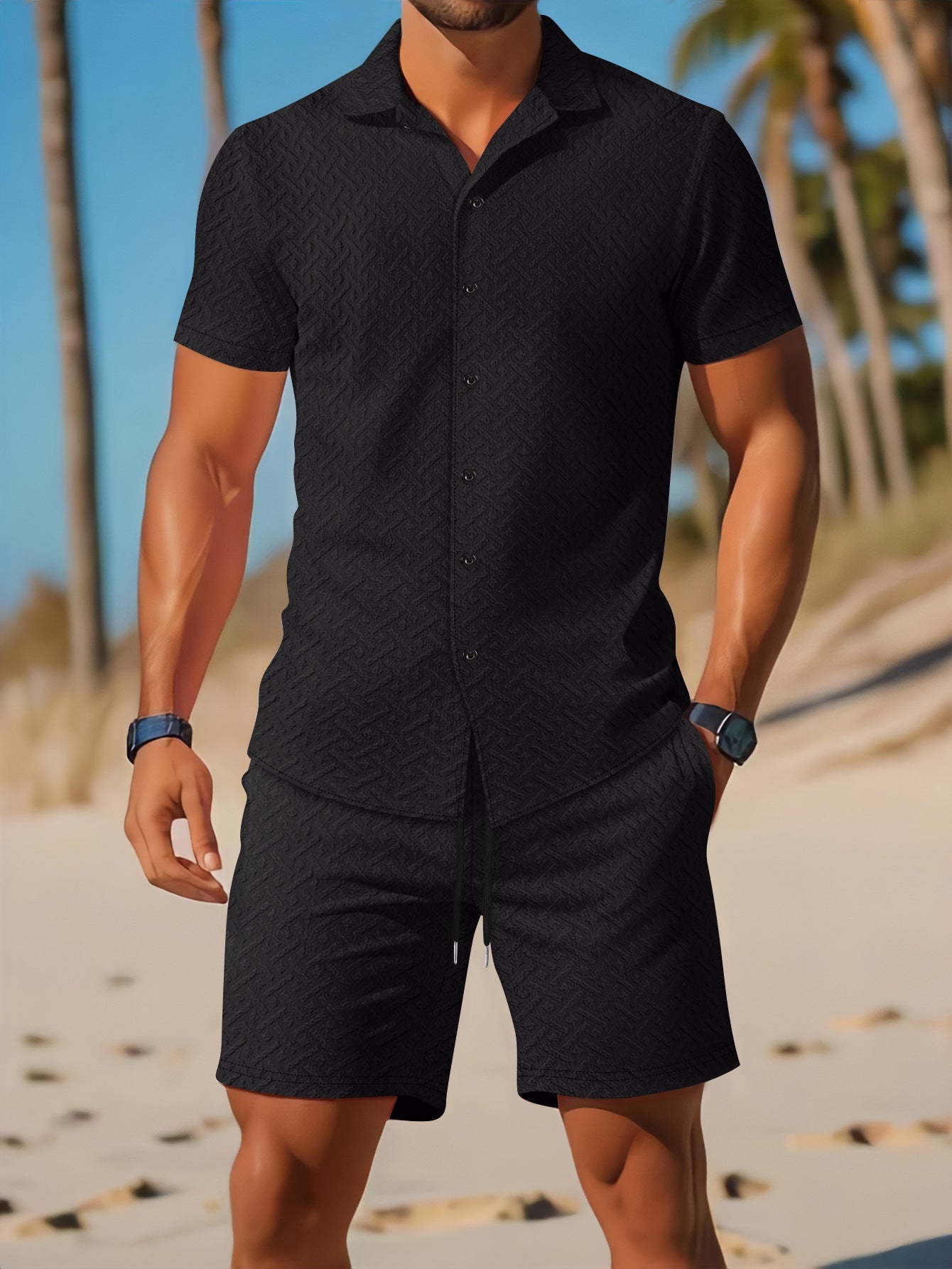 Men's Set Shirt and Shorts – Slim Fit – Lightweight Breathable Fabric – Embossed Texture