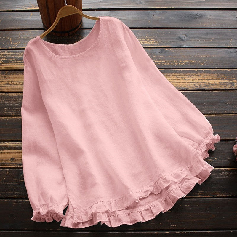 Women's Blouse – Loose Fit – Linen and Cotton – Ruffle Details – Long Sleeves