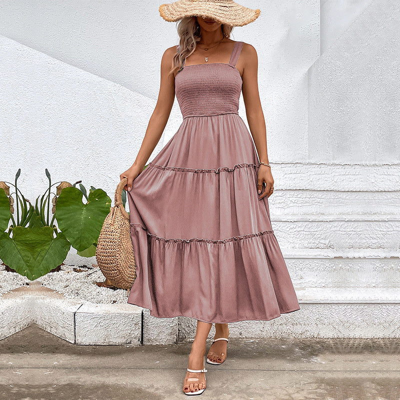 Dress woman – Sleeveless – Smocked waist – A-line shape – Soft cotton blend – Midi