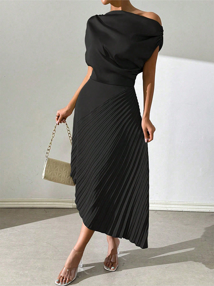 Dress for Women – Asymmetric Midi Length – One Shoulder – Pleated and Form-Fitting Design