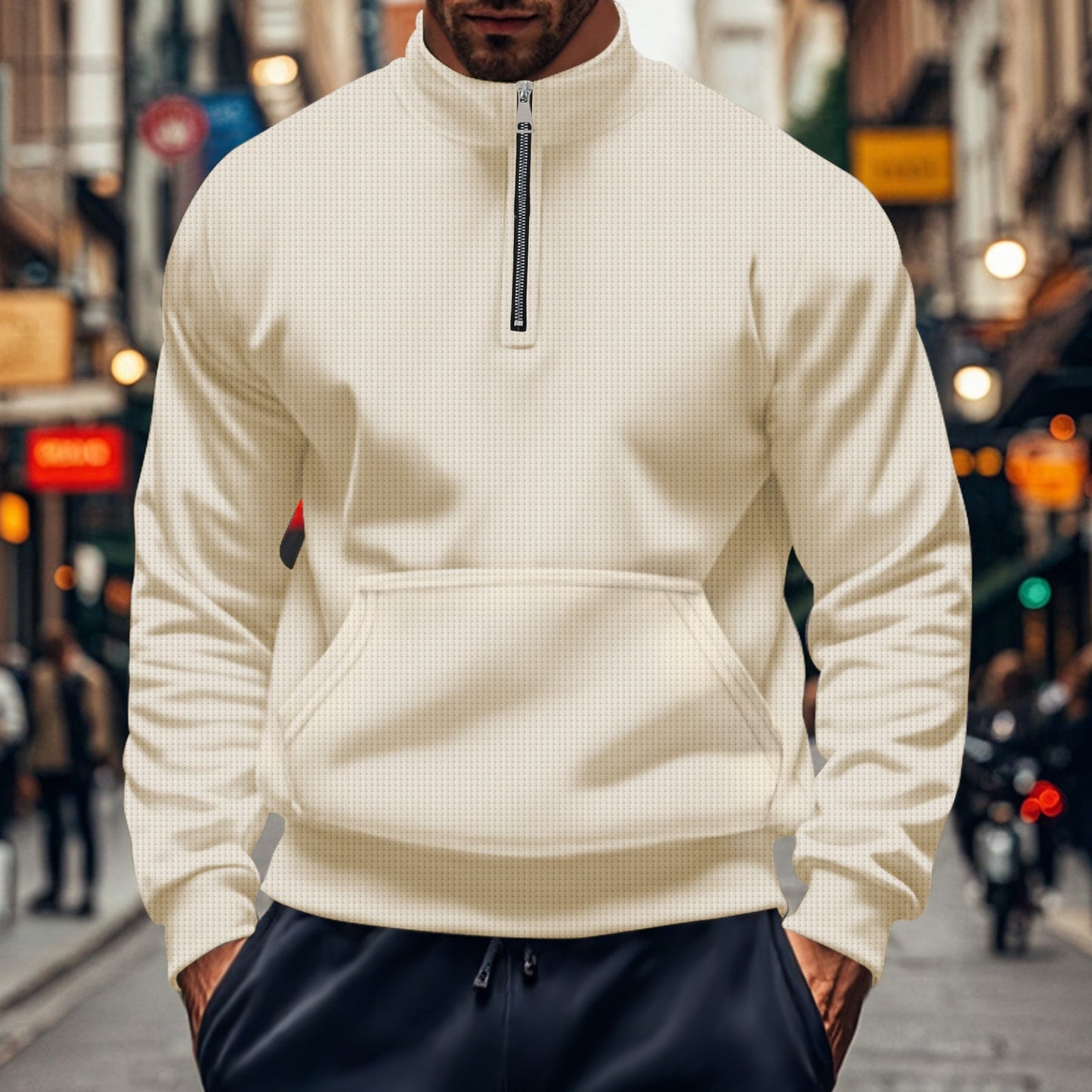 Men's Sweater – Relaxed Fit – Half Zip – Kangaroo Pocket – Ribbed Edges – Cotton Knit