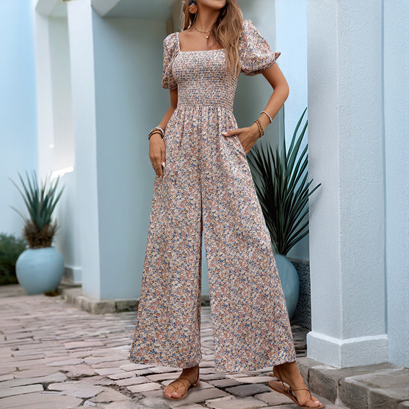 Dame Jumpsuit – Lett Bomull – Smockingliv – Vide Ben – Pufferm – Blomstermønster
