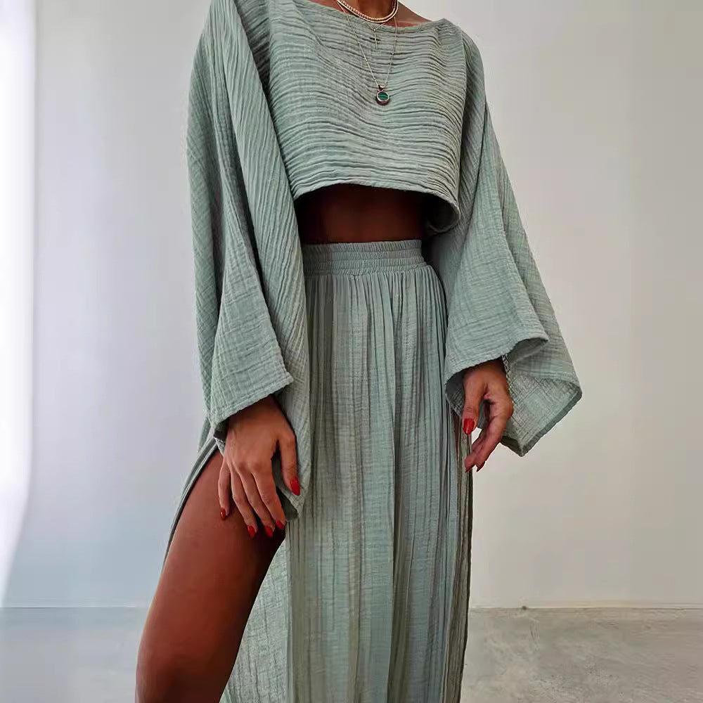 Women's Crop Top – Linen Blend – Relaxed Fit – Boat Neck – 3/4 Sleeves