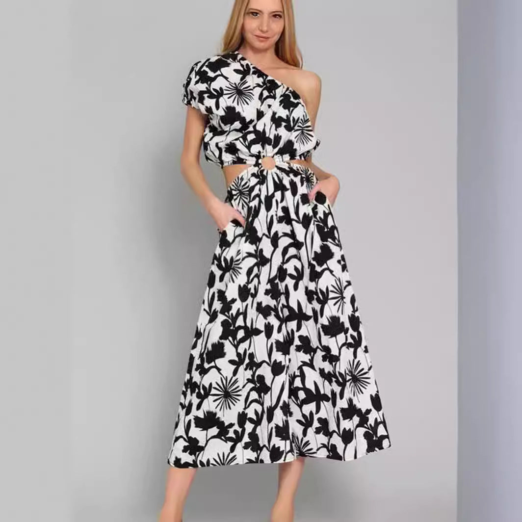 Women's jumpsuit – one shoulder – waist cut with ring – wide legs – cotton blend