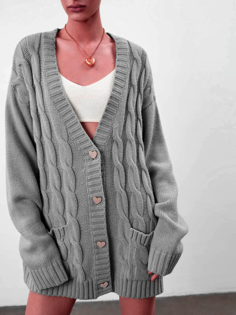 Women's Cardigan – Oversized Fit – Chunky Knit – Cable Pattern – Heart Buttons