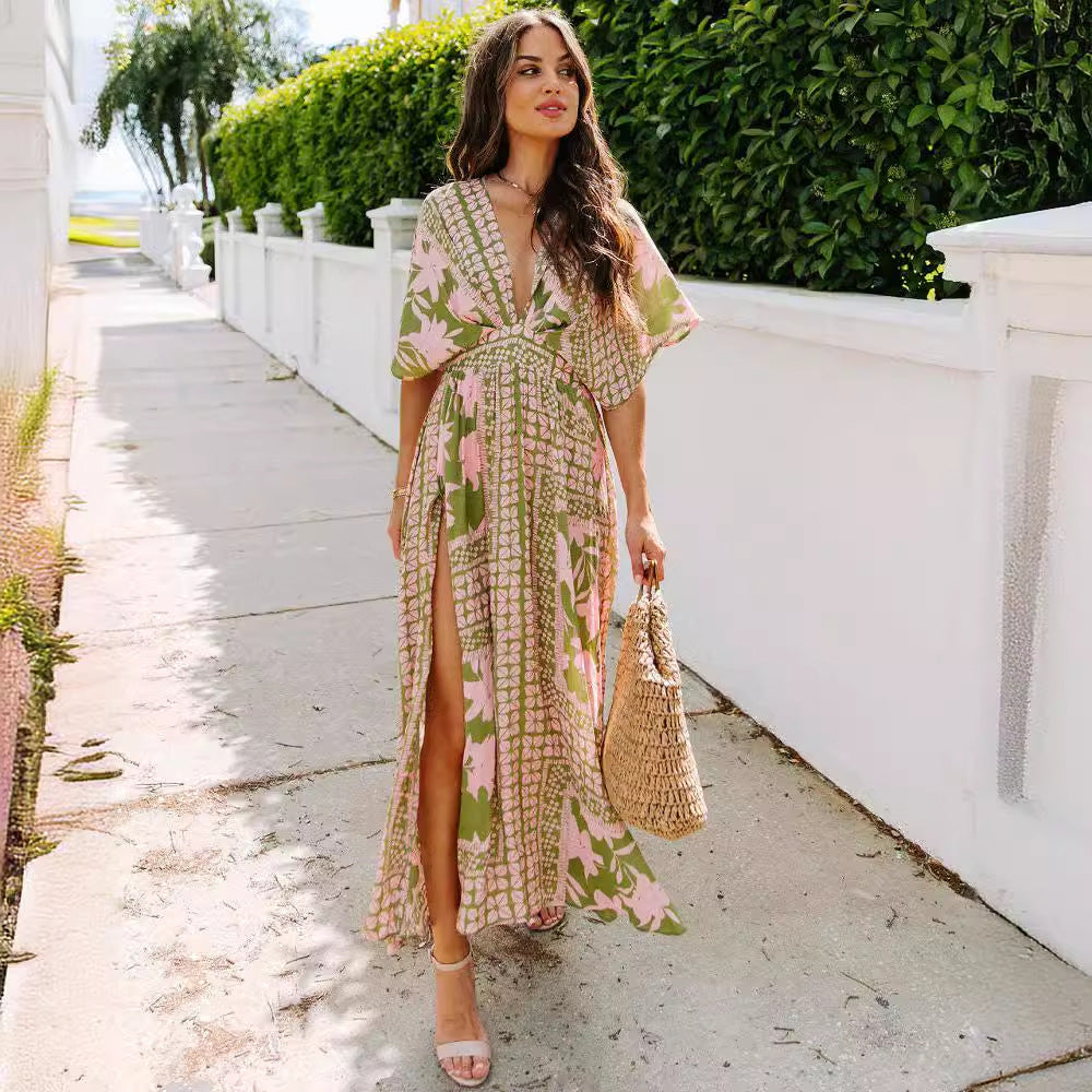 Women's Maxi Dress – Floral Print – Wrap Design – Short Sleeve – High Waist – Split