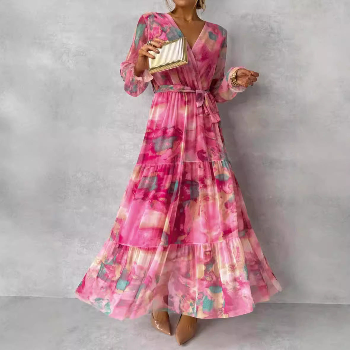 Dress Women Long – V-Neck – Belt at Waist – Layered Skirt – Chiffon Loose Fit