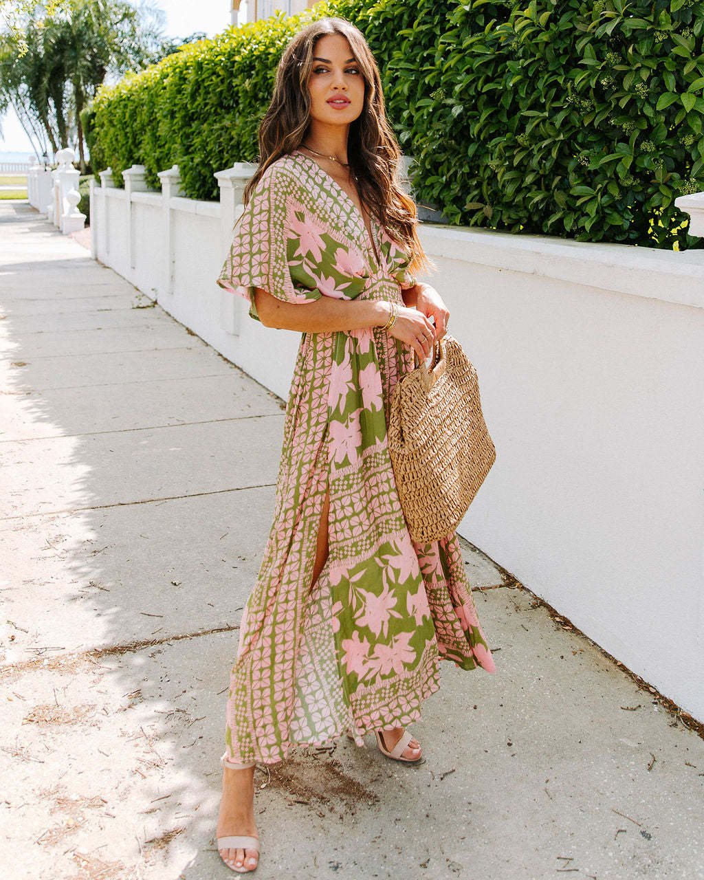 Women's Maxi Dress – Floral Print – Wrap Design – Short Sleeve – High Waist – Split