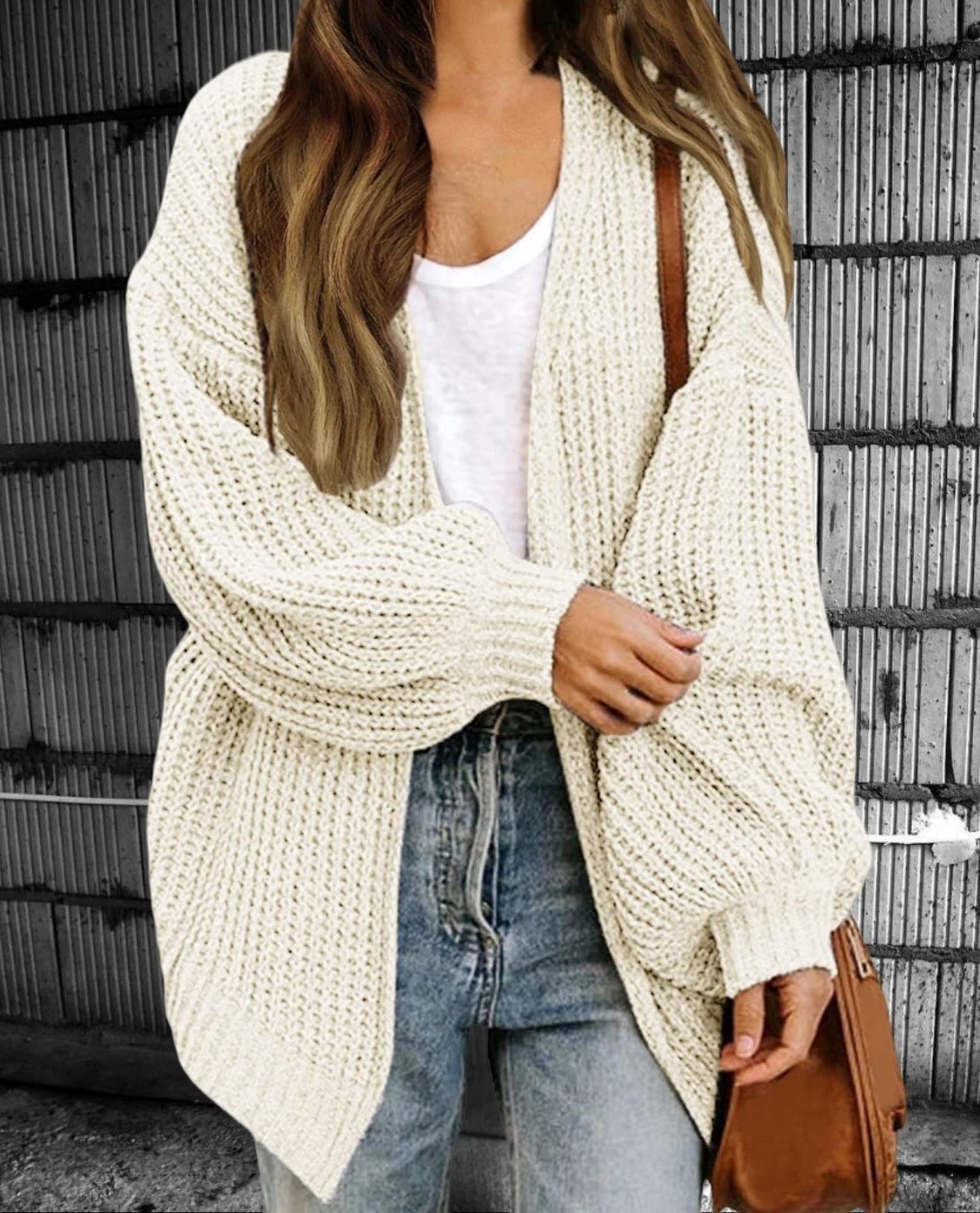 Women's Cardigan – Chunky Knit – Oversized Fit – Open Front – Balloon Sleeves