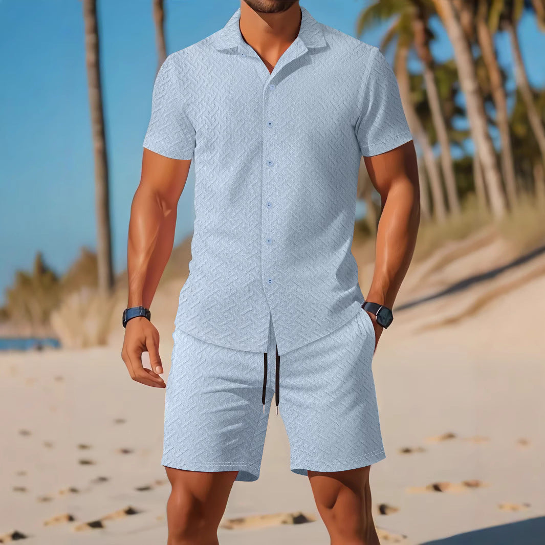 Men's Set Shirt and Shorts – Slim Fit – Lightweight Breathable Fabric – Embossed Texture