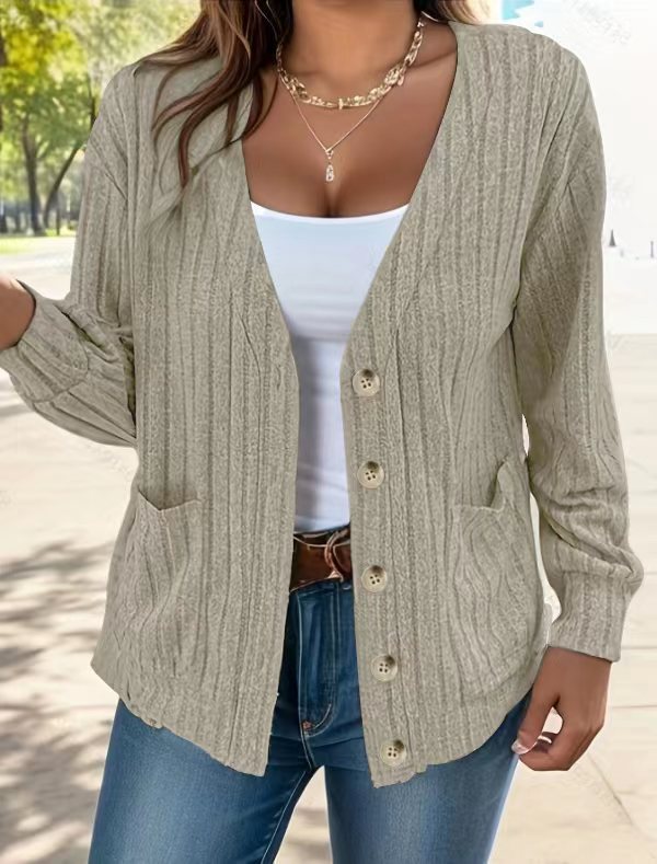 Women's Cardigan – Relaxed Fit – Ribbed Knit – Buttons – Hip Length – Pockets