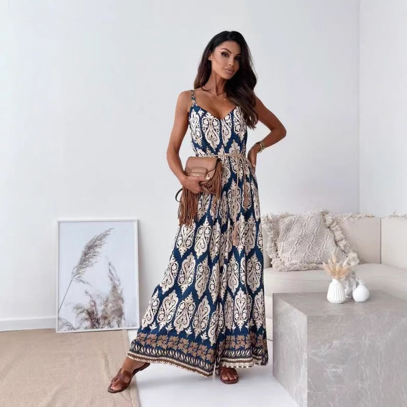 Women's Jumpsuit – V-neck – Spaghetti Straps – Wide Legs – Belt at Waist – Bohemian Style