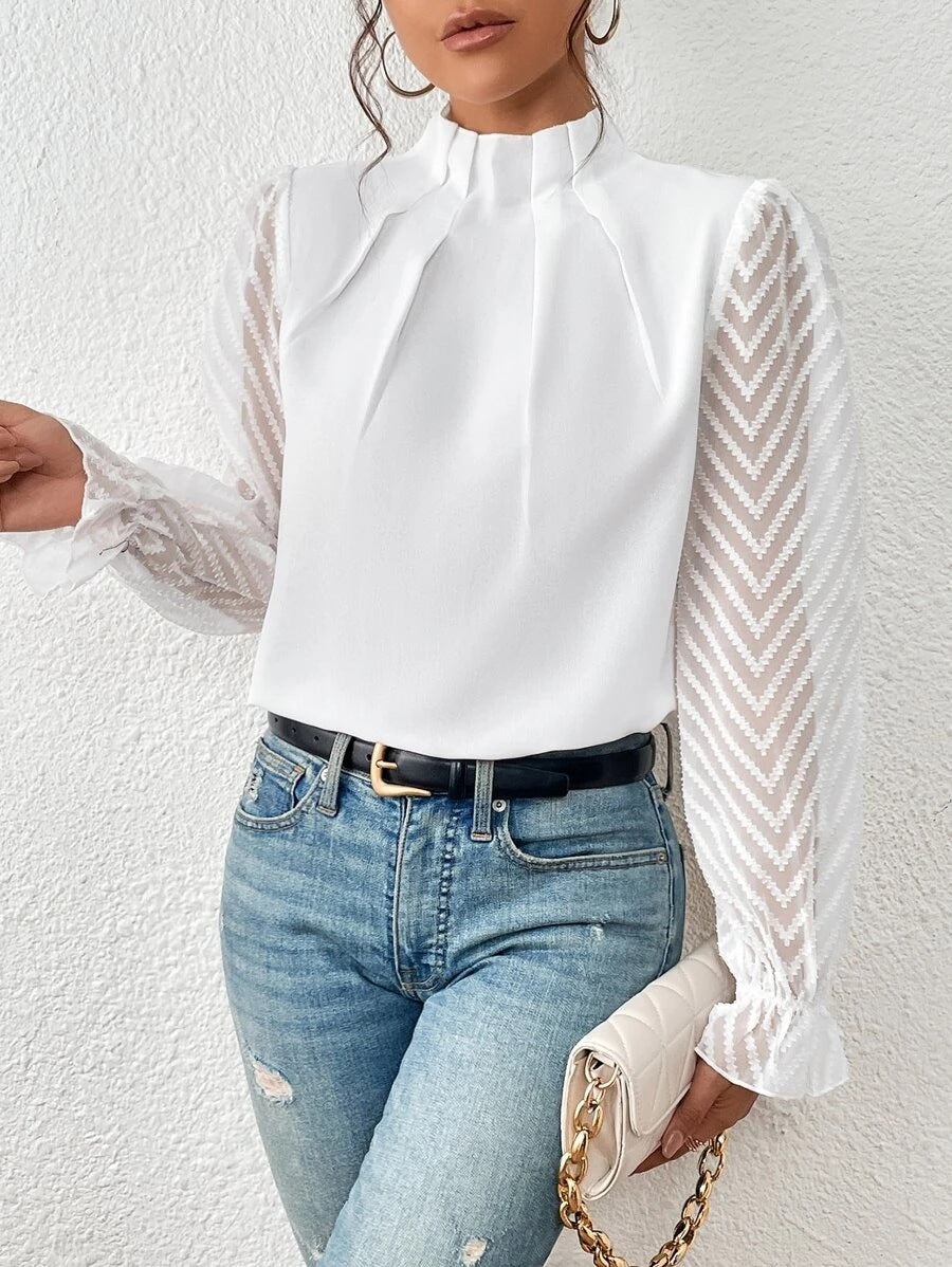 Women's Blouse – Relaxed Fit – High Neck – Sheer Sleeves – Elegant Style
