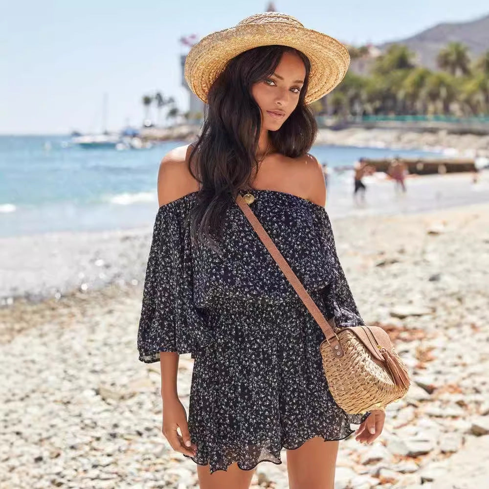 Kjole for dame – Off-shoulder – Elastisk liv – Rysjermer – Lett og pustende stoff